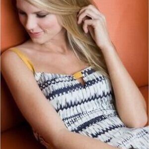 Anthropologie Ikat Print Sun Dress Navy Blue Mustard Yellow Vintage Taylor Swift